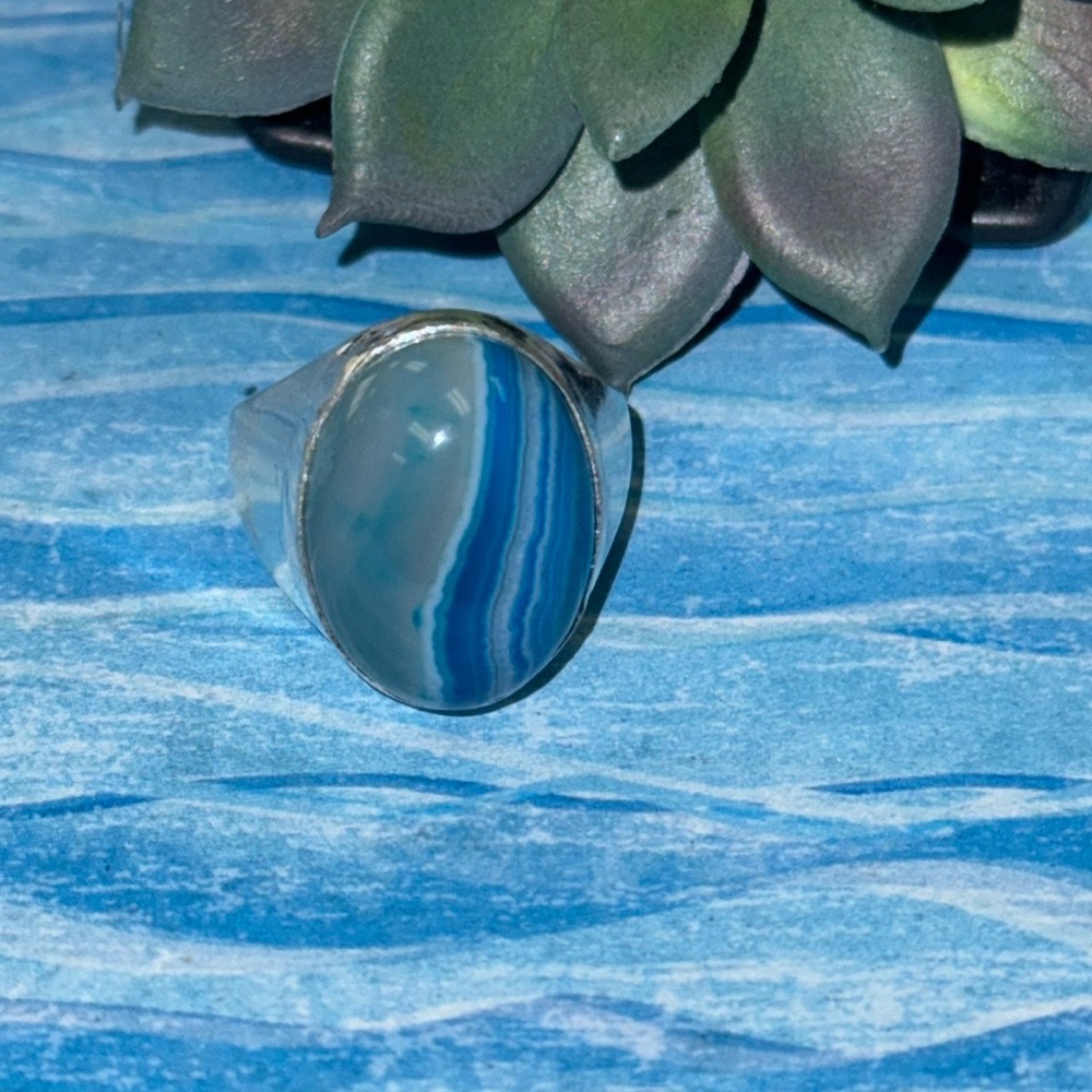 Silver Blue Botswana Agate Ring - image 2